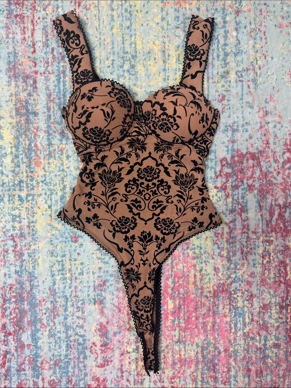 Windsor Brown One-Piece Bodysuit with Black Floral Velvet Print